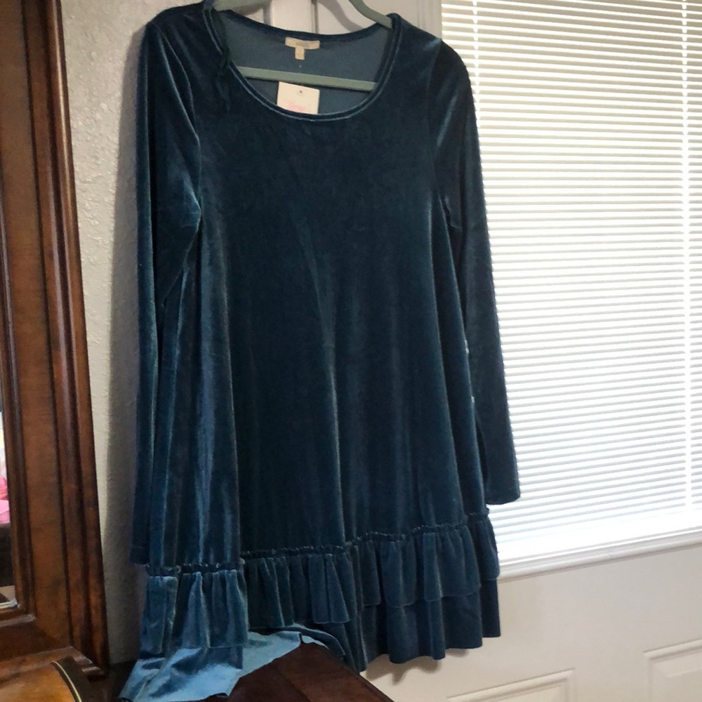 Easel teal velvet ruffle dress